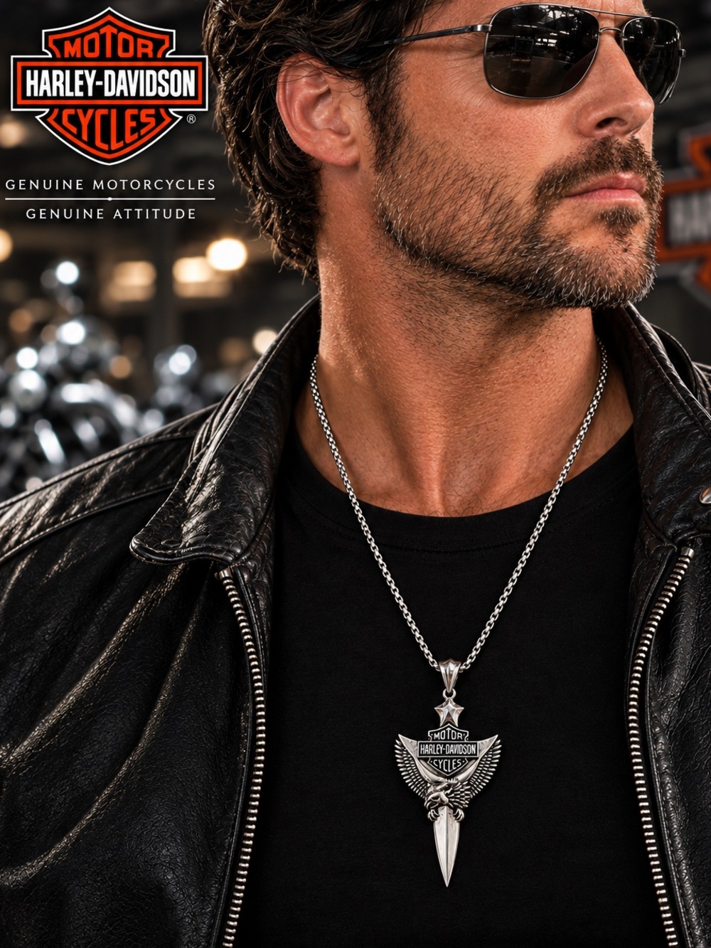 NEW Harley-Davidson Polished SS Eagle Bar & Shield Sword Pendant Necklace - 24”